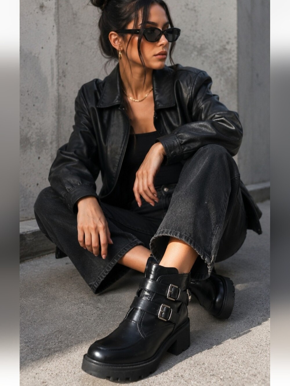 Black Leather Buckle Ankle Boots